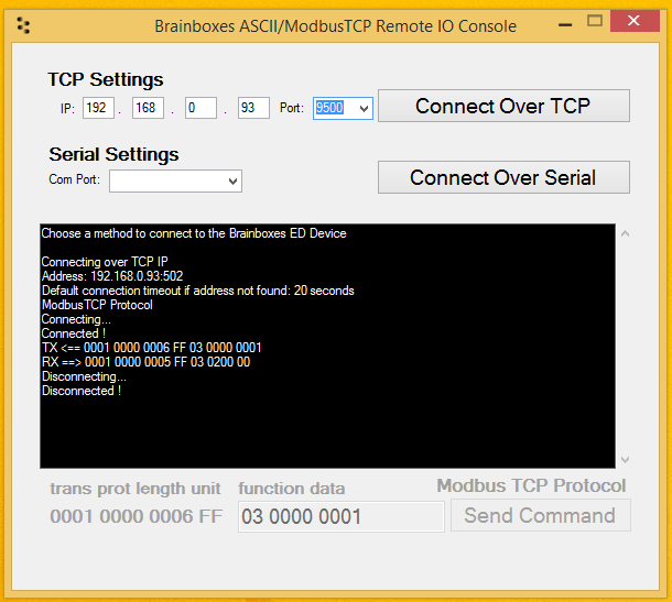 Brainboxes Remote IO Ethernet Console Application supports both ASCII and ModbusTCP