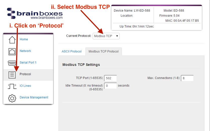 Modbus TCP set up for brainboxes remote io device