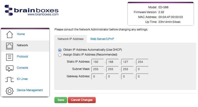 Brainboxes Remote IO Network Settings Page