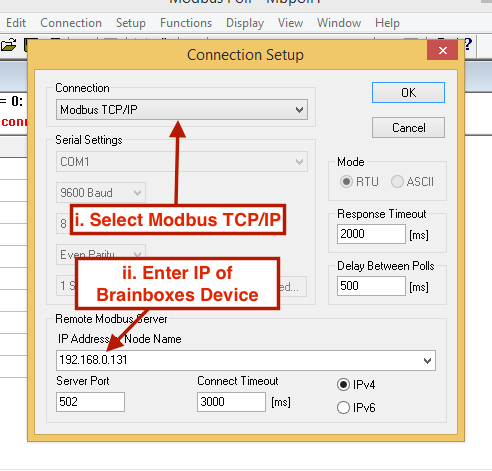 Configure the connection in Modbus Poll Connection Setup