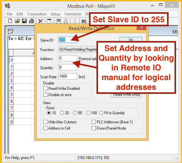 set modbus poll read write definitions