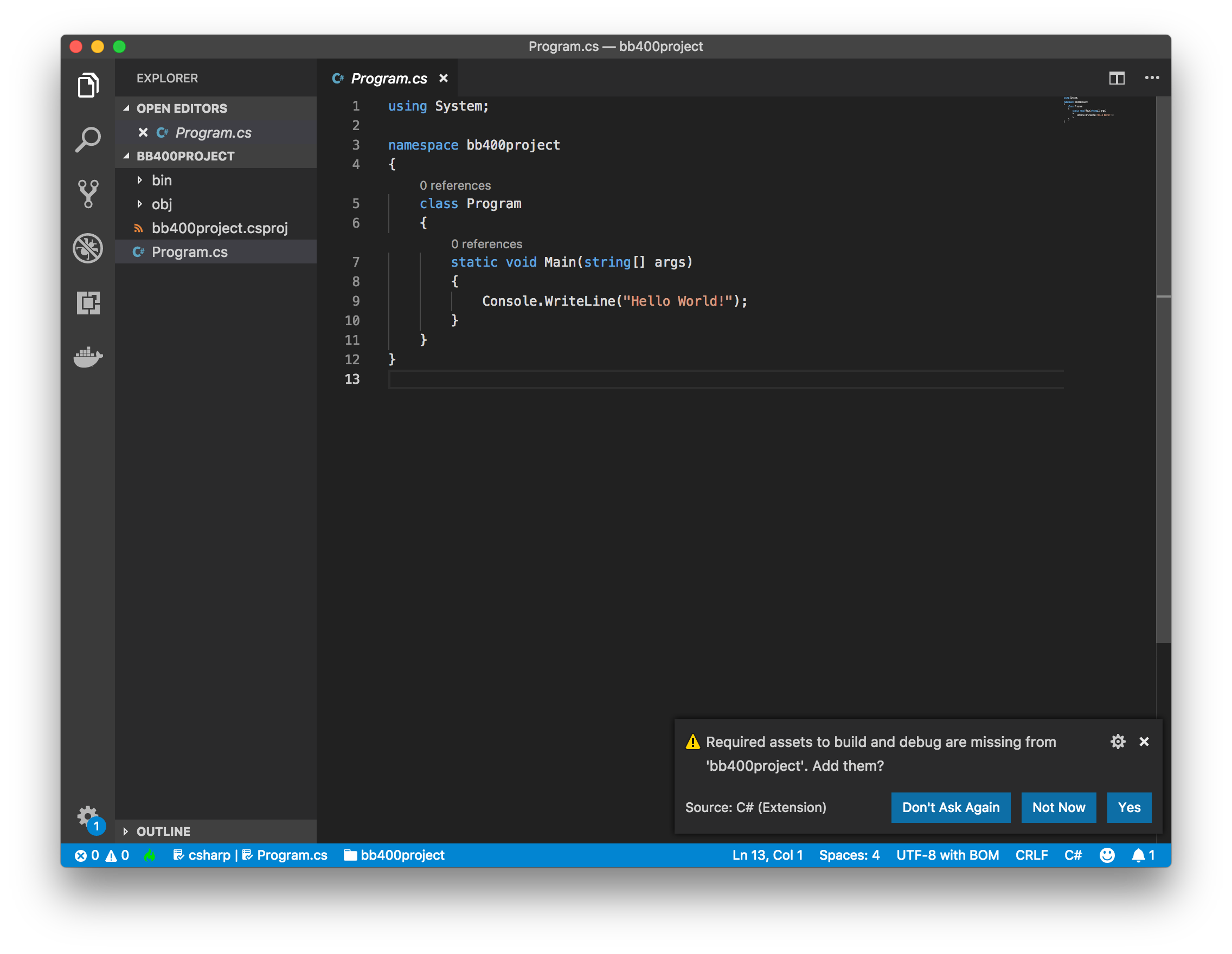 Visual Studio Code With New C Sharp BB-400 Project