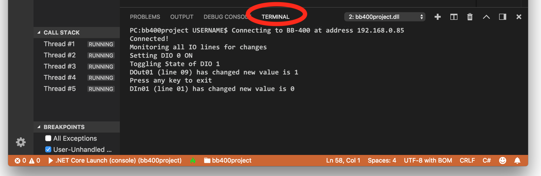 VS Code output in terminal