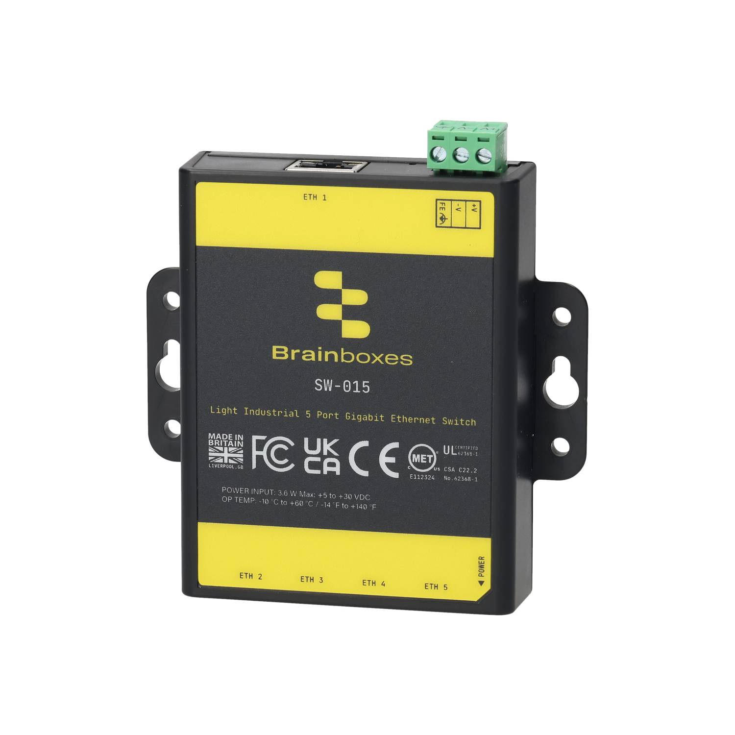 Brainboxes SW-015 Light Industrial 5 Port Gigabit Ethernet Switch Wall Mountable