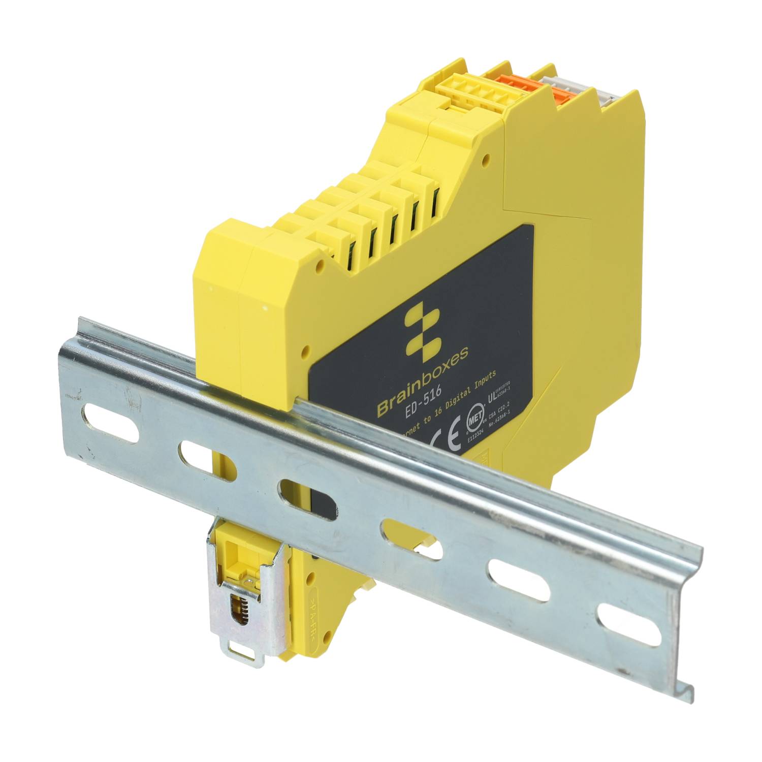 Brainboxes ED-516 industrial digital input device mounted on standard din rail