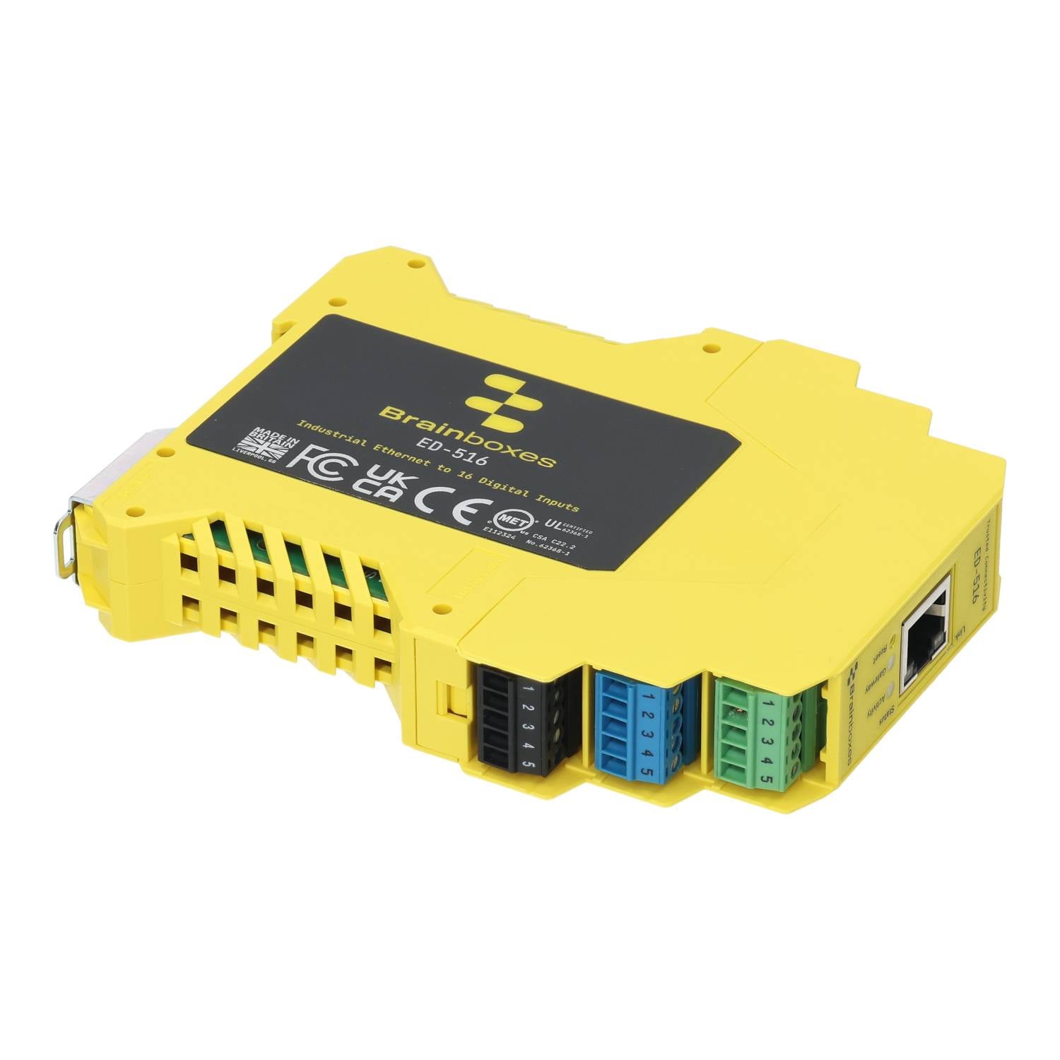 Brainboxes ED-516 industrial digital input module with screw terminal blocks and ethernet connectivity
