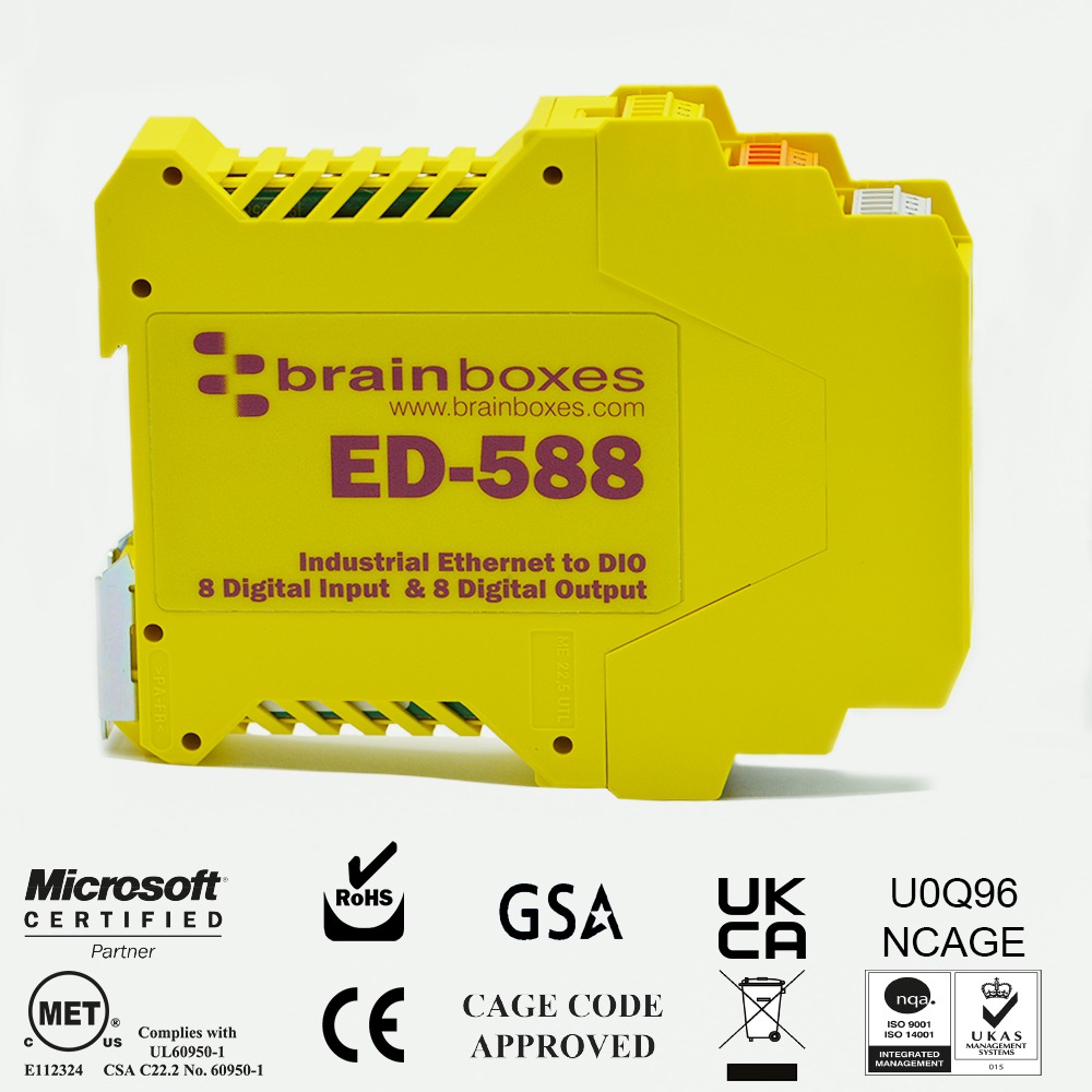 Brainboxes ED-588 industrial ethernet to digital io device with din rail mounting and certification logos