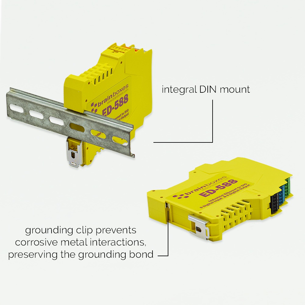 Brainboxes ED-588 industrial device showing din rail mounting system with grounding clip feature