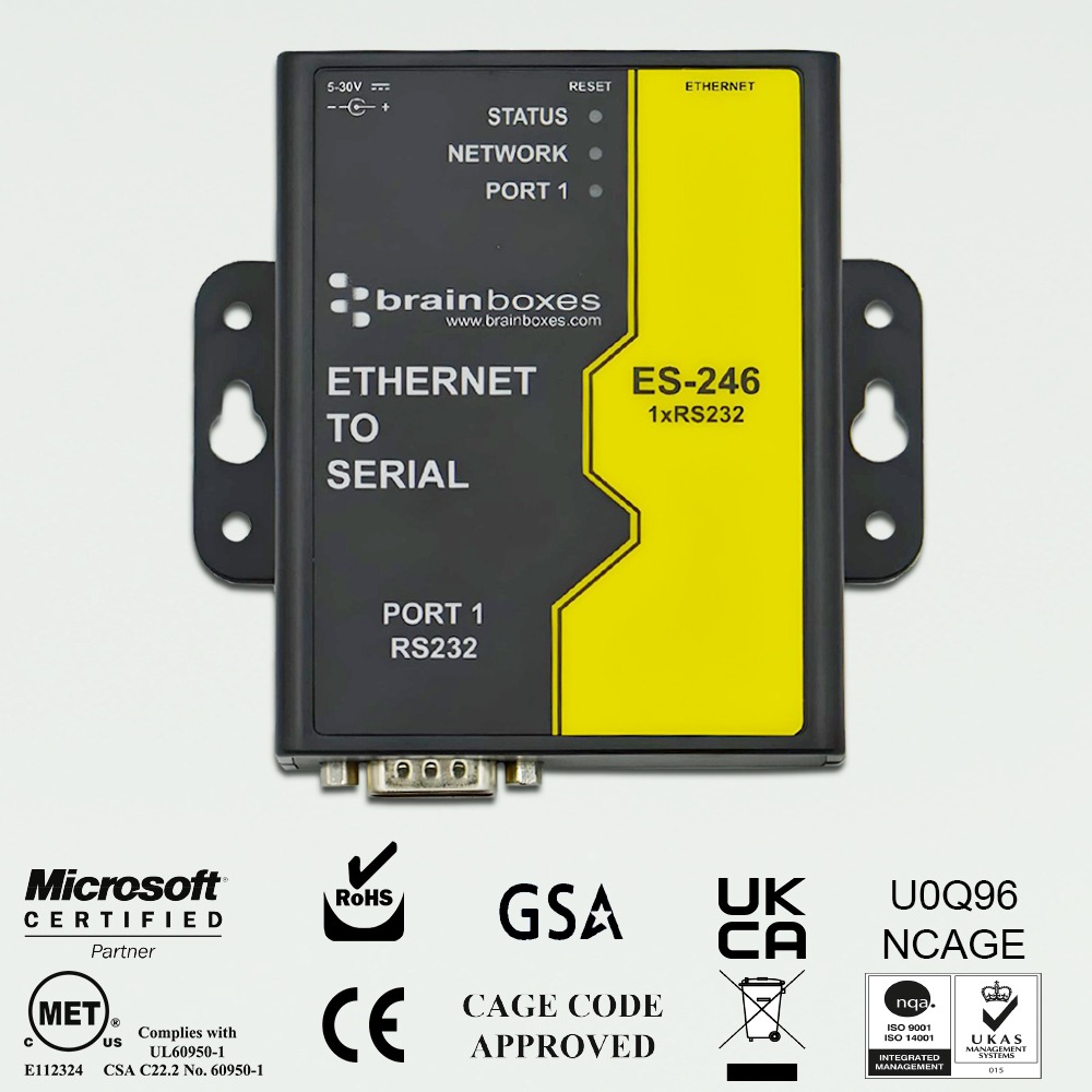 Brainboxes ES-246 ethernet to serial device server with mounting brackets and certification logos