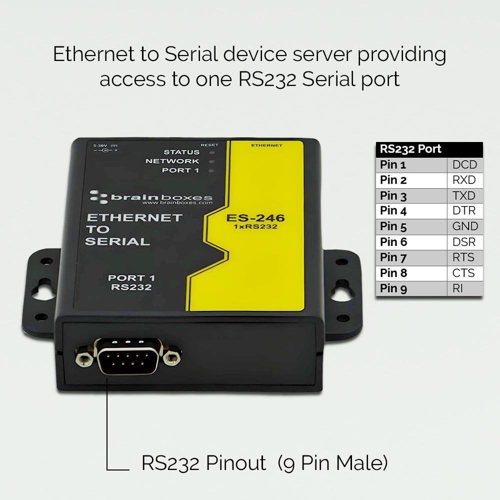 Brainboxes ES-246 ethernet to serial device server with rs232 pinout diagram showing 9-pin connector layout