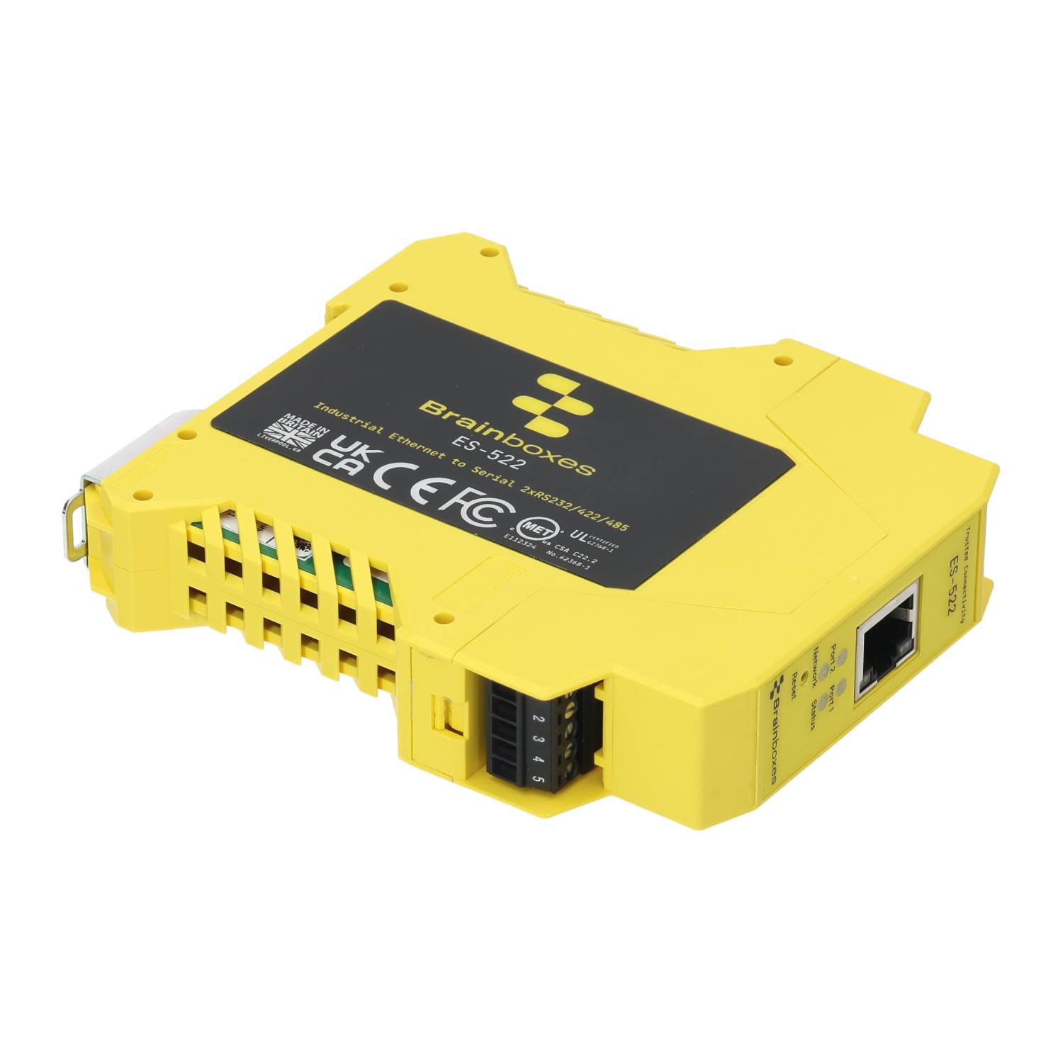 Brainboxes ES-522 industrial ethernet to serial device server with terminal blocks and ethernet port