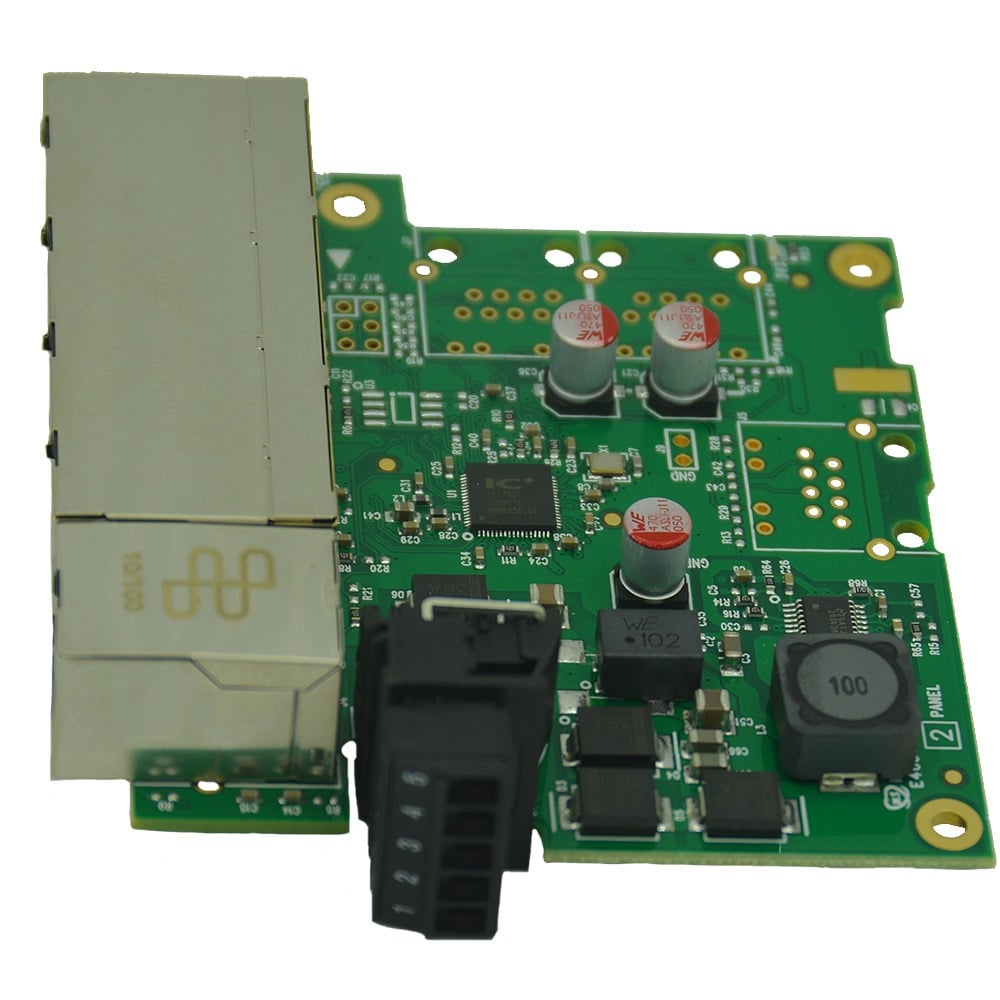 Brainboxes SW-105 ethernet switch circuit board showing rj45 connector and electronic components