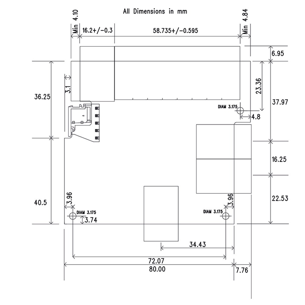 Brainboxes SW-108 detailed pcb dimensional drawing with measurements and specifications