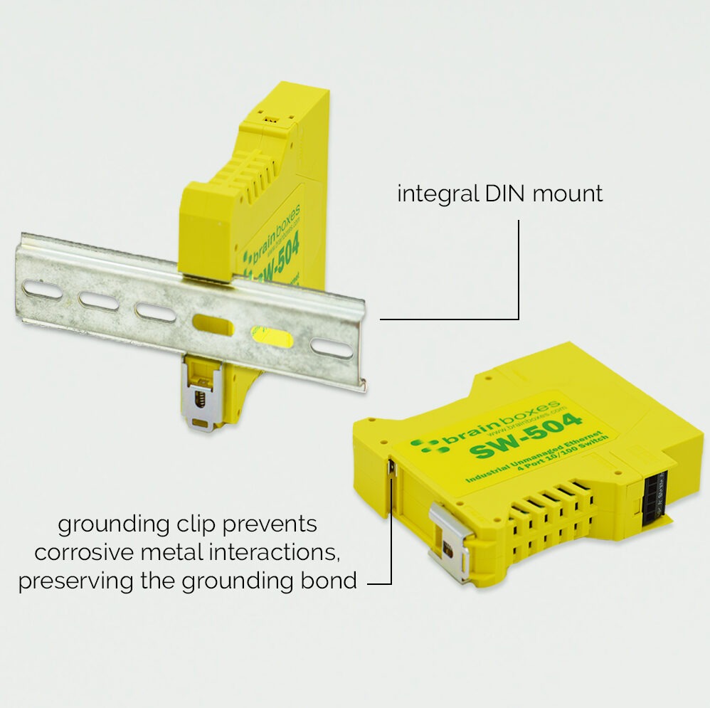 Brainboxes SW-504 industrial ethernet switch with din rail mount and grounding clip details