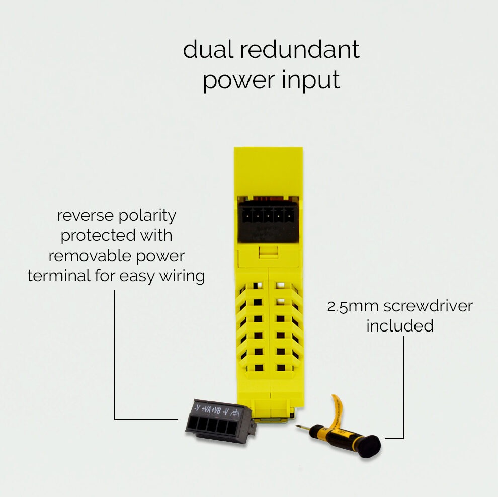 Brainboxes SW-504 ethernet switch showing dual redundant power input with removable terminal and screwdriver