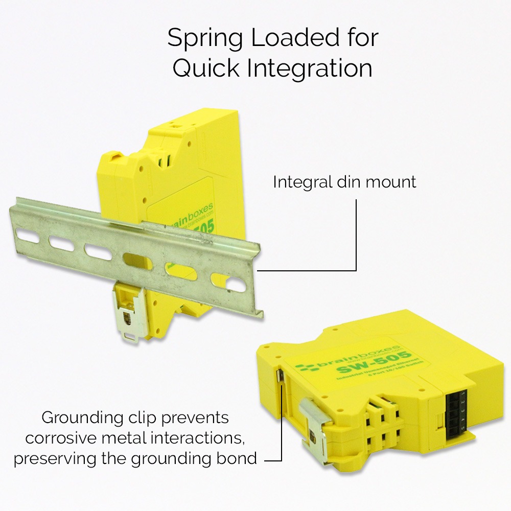 Brainboxes SW-505 ethernet switch with spring loaded din rail mounting mechanism