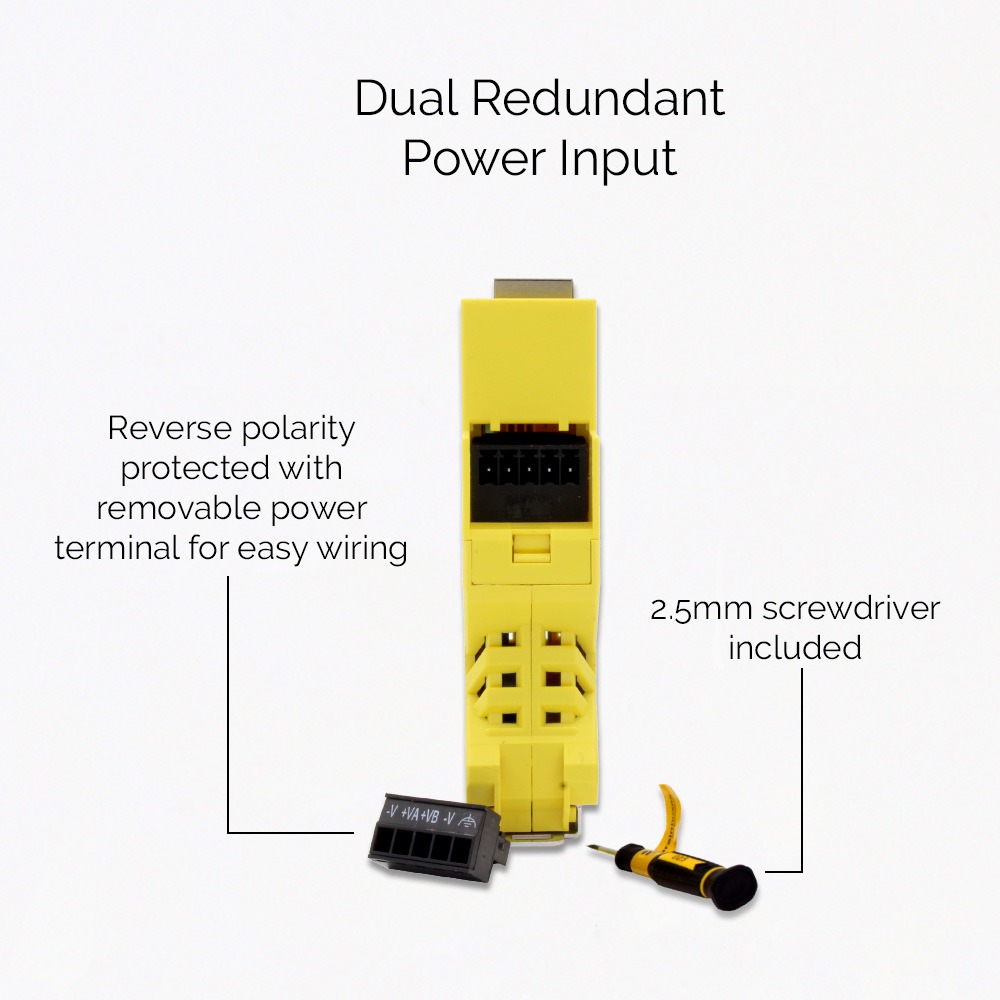Brainboxes SW-505 ethernet switch showing dual redundant power input with removable terminal and screwdriver