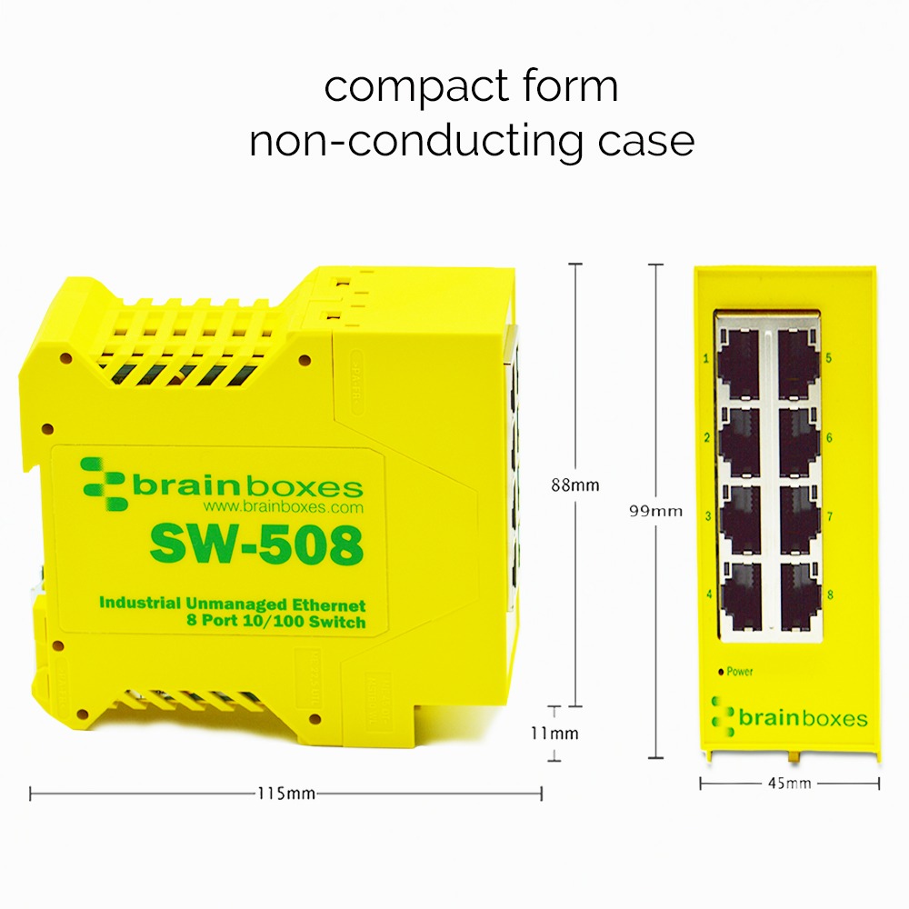 Brainboxes SW-508 compact industrial ethernet switch showing dimensions and 8 port layout