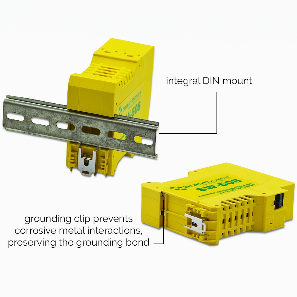 Brainboxes SW-508 industrial ethernet switch showing din rail mounting mechanism and grounding clip