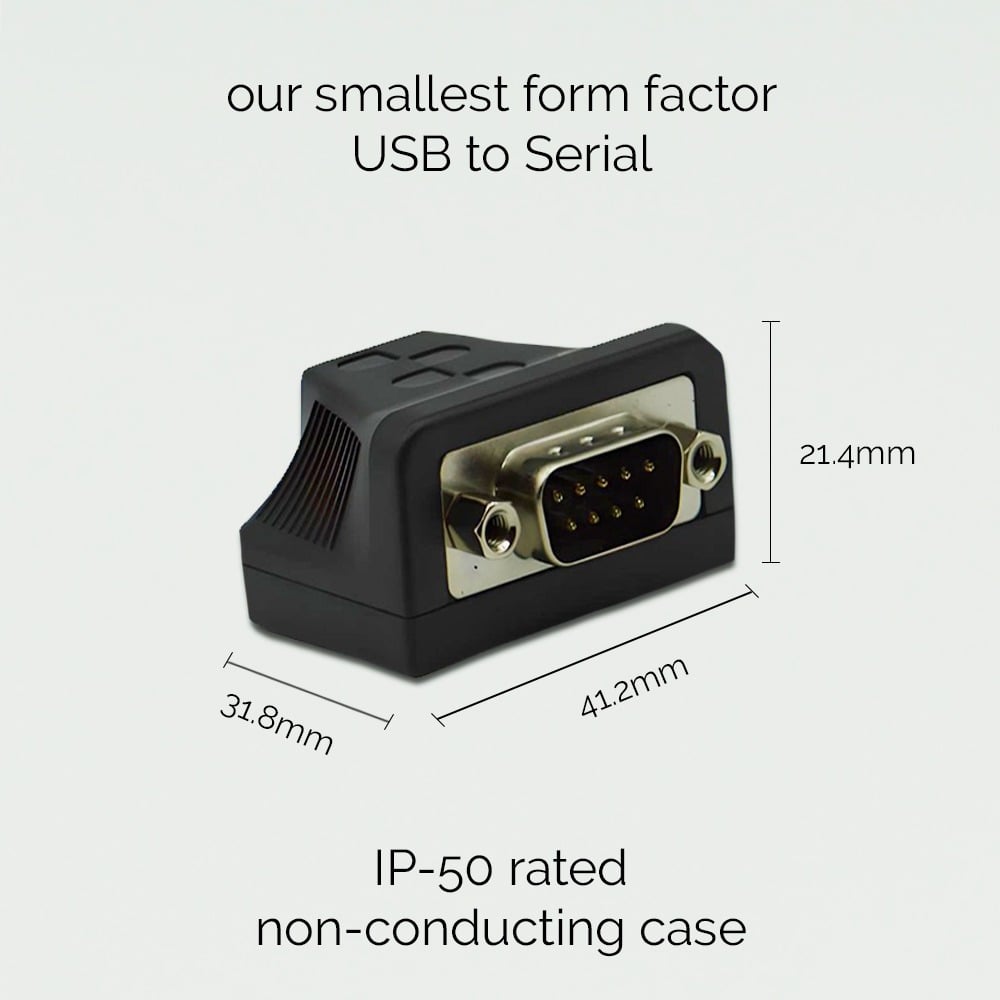 Brainboxes US-235 compact usb to serial adapter showing smallest form factor with dimensions