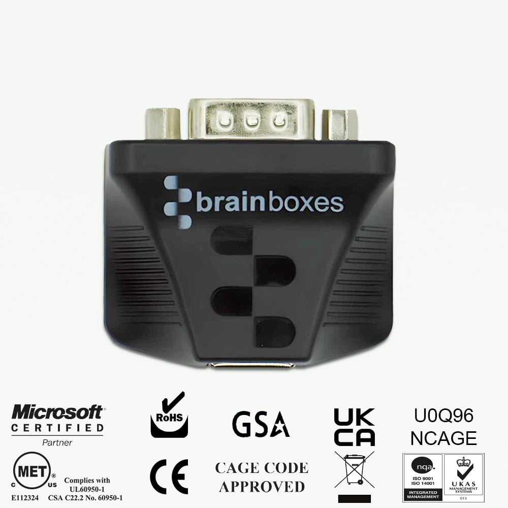 Brainboxes US-235 usb to serial adapter showing multiple industry certifications and compliance logos