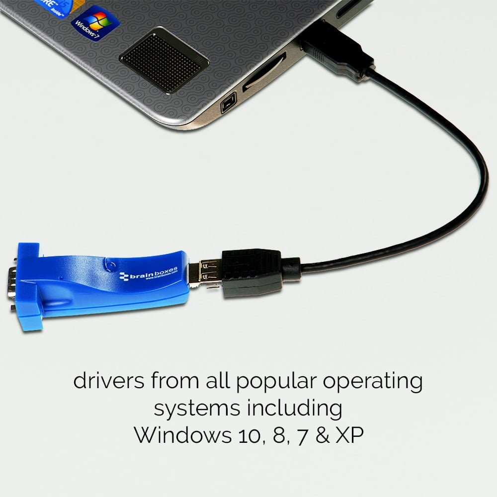 Brainboxes US-324 usb to serial adapter connected to laptop with extension cable