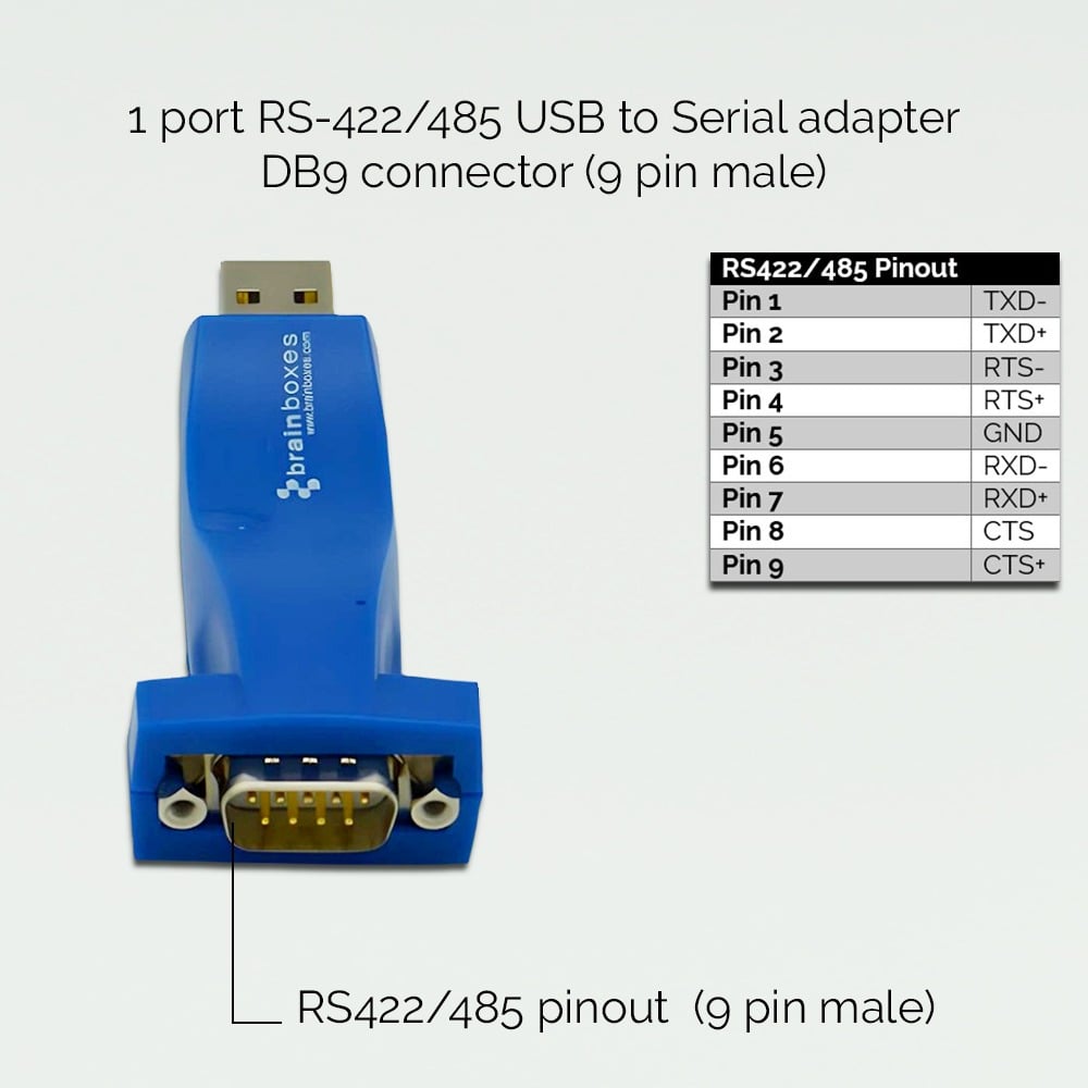 Brainboxes US-324 usb to serial adapter with db9 connector and rs422485 pinout diagram