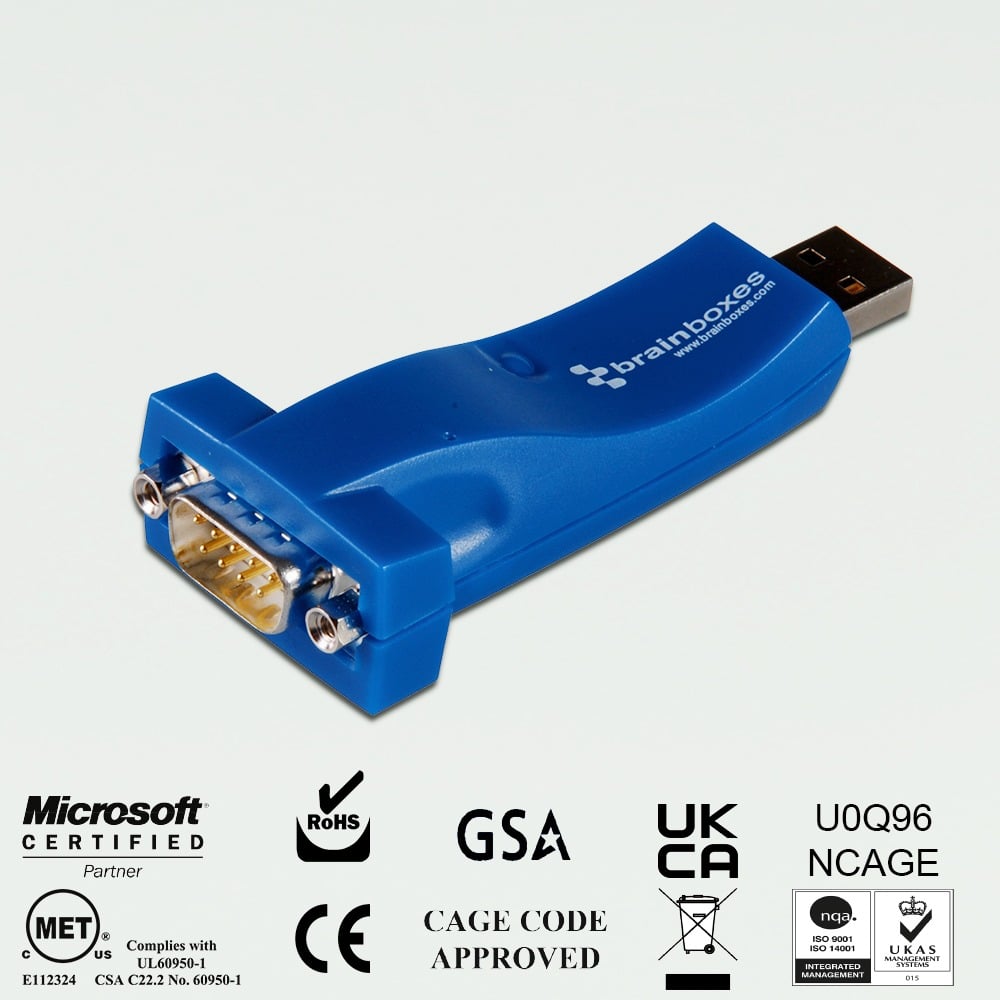 Brainboxes US-324 usb to serial adapter showing db9 connector and compliance certification logos