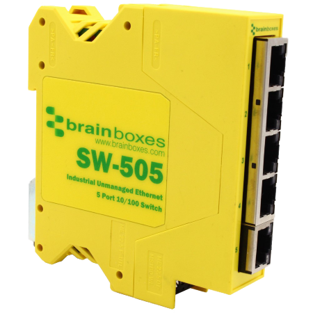 RJ45 x 4 BRAINBOXES SW-504 Brainboxes SW-504 Industrial Unmanaged Ethernet Switch 4 Ports 4-Port 10/100Base-TX DIN Rail Mountable 