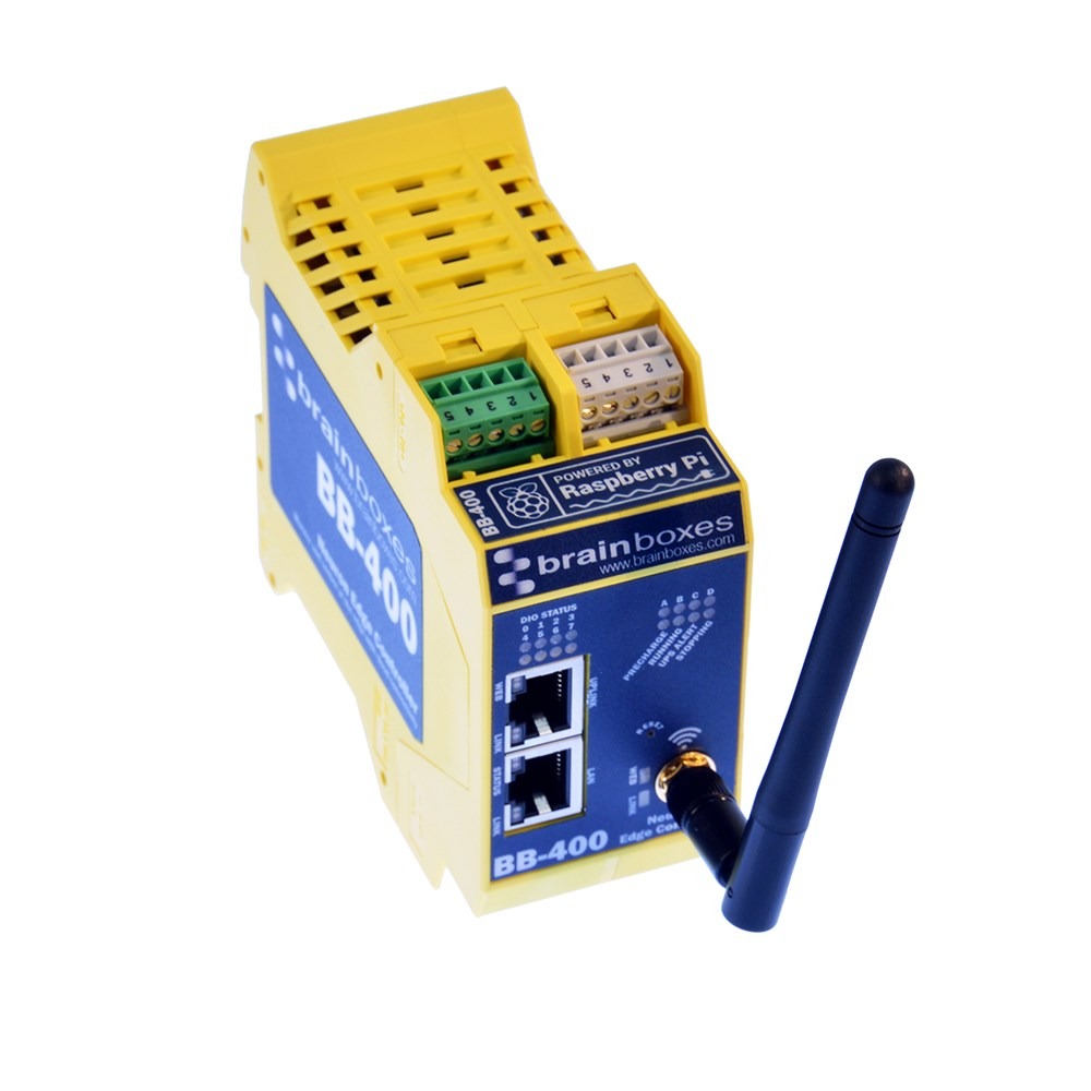Brainboxes BB-400 industrial edge controller showing ethernet ports and wireless antenna