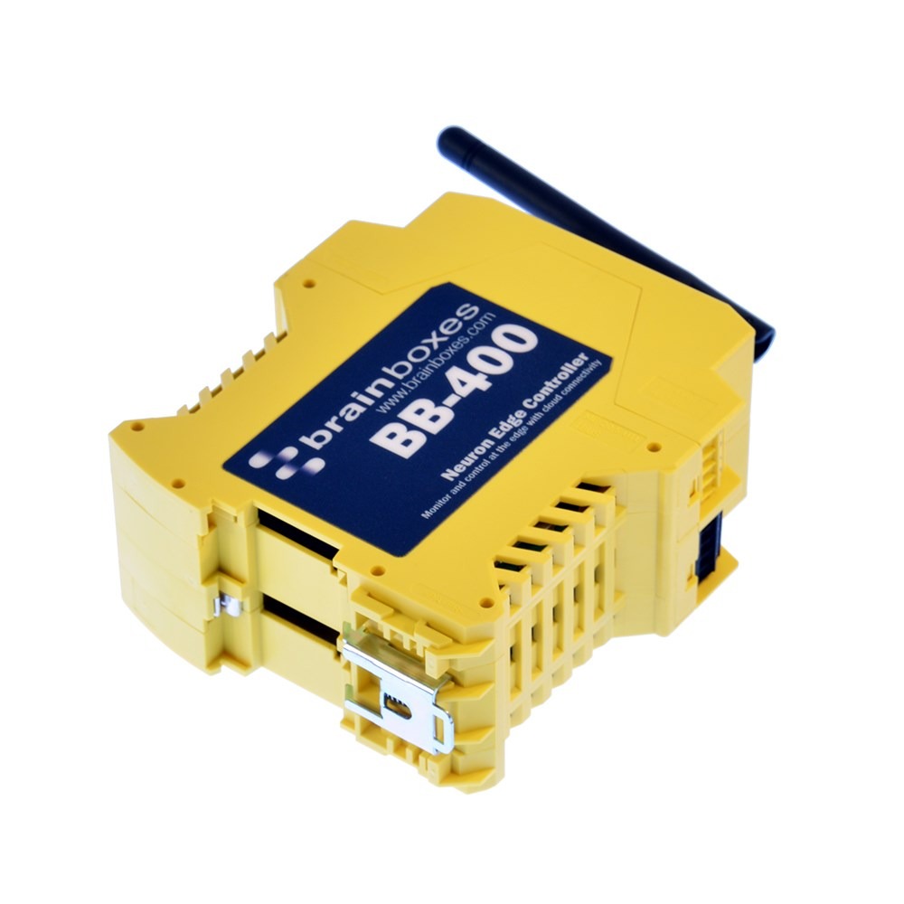 Brainboxes BB-400 industrial edge controller with antenna mounted on din rail connector