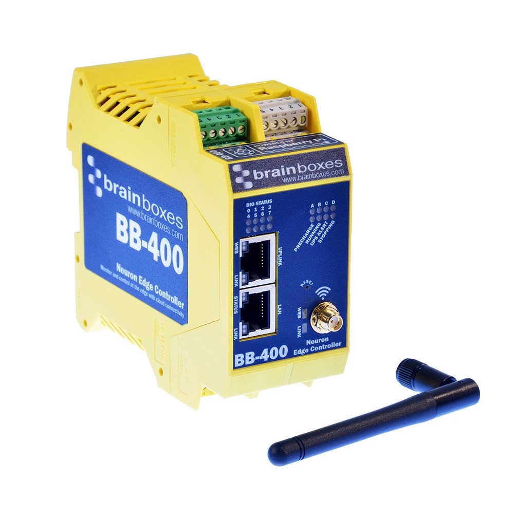 Brainboxes BB-400 industrial edge controller with detachable wifi antenna and ethernet ports