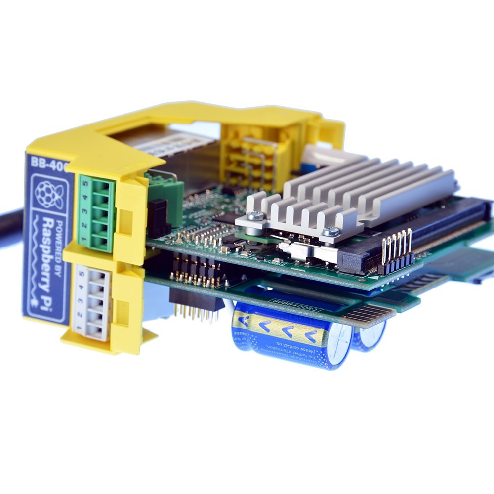 Brainboxes BB-400 internal circuit boards with heat sink and terminal connections exposed