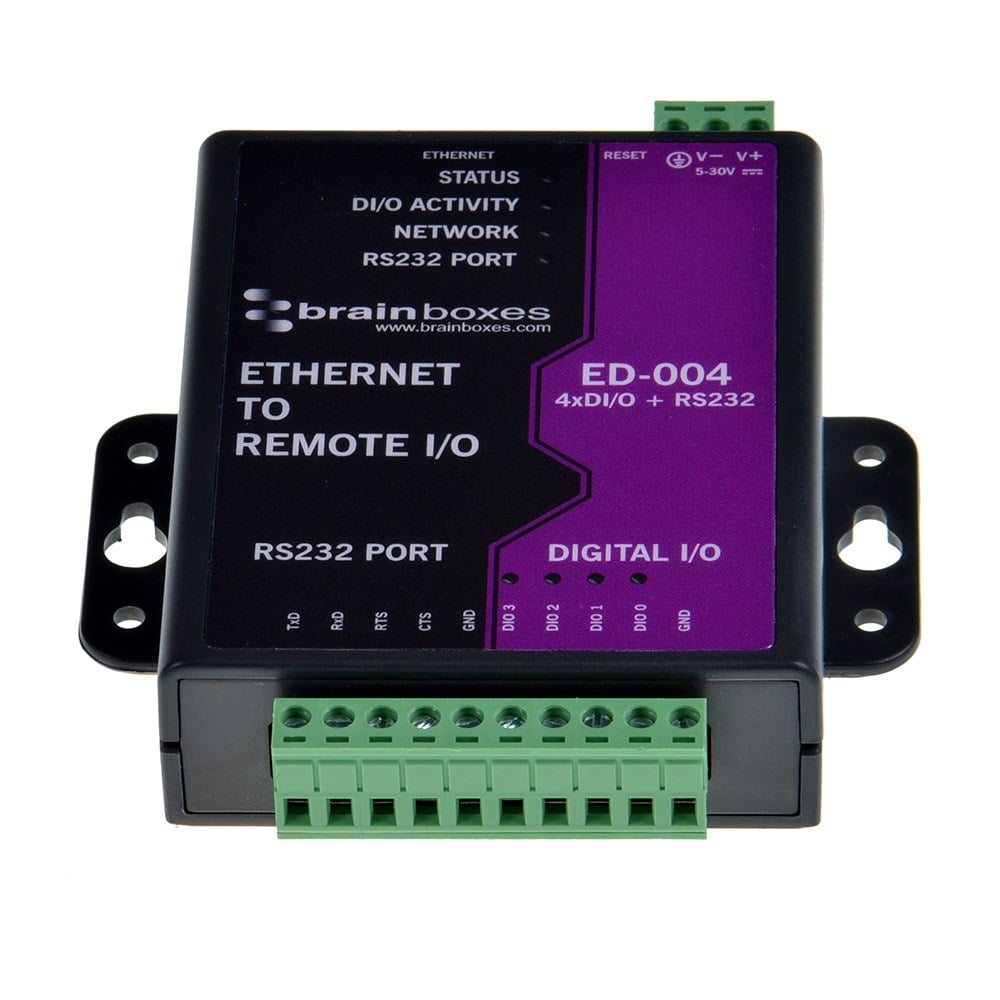 Brainboxes ED-004 industrial ethernet to serial device server with digital io terminal connections