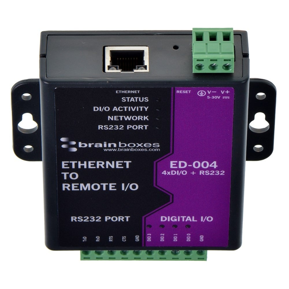 Brainboxes ED-004 industrial ethernet to serial converter showing ethernet port and digital input output terminal connections