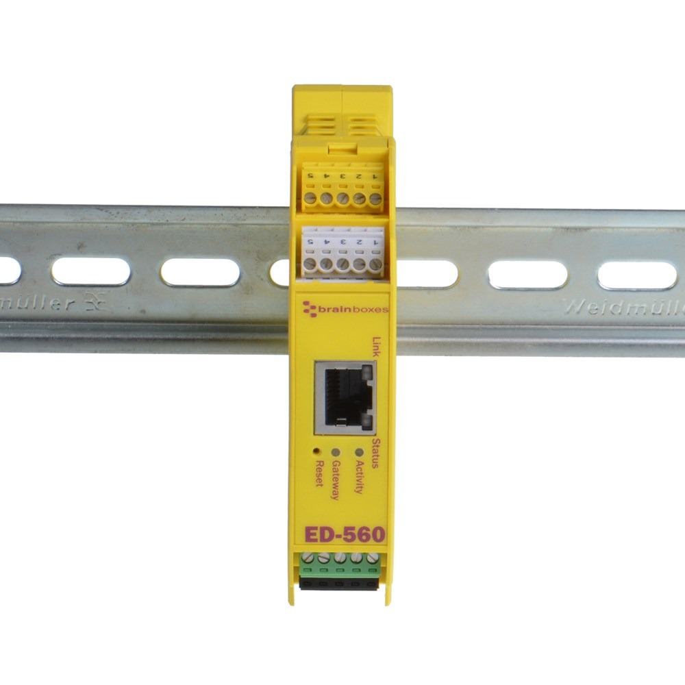 Brainboxes ED-560 industrial analogue output device mounted on standard din rail showing ethernet port