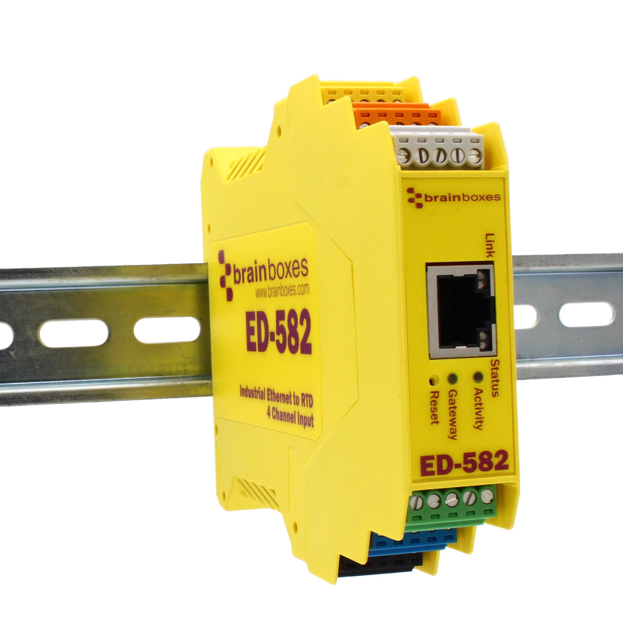 Brainboxes ED-582 industrial rtd input device mounted on standard din rail with terminal connections
