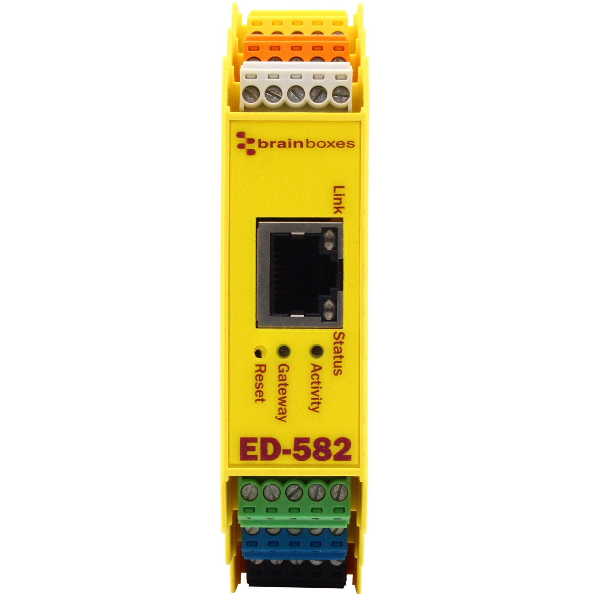 Brainboxes ED-582 industrial rtd input module showing terminal blocks and ethernet port