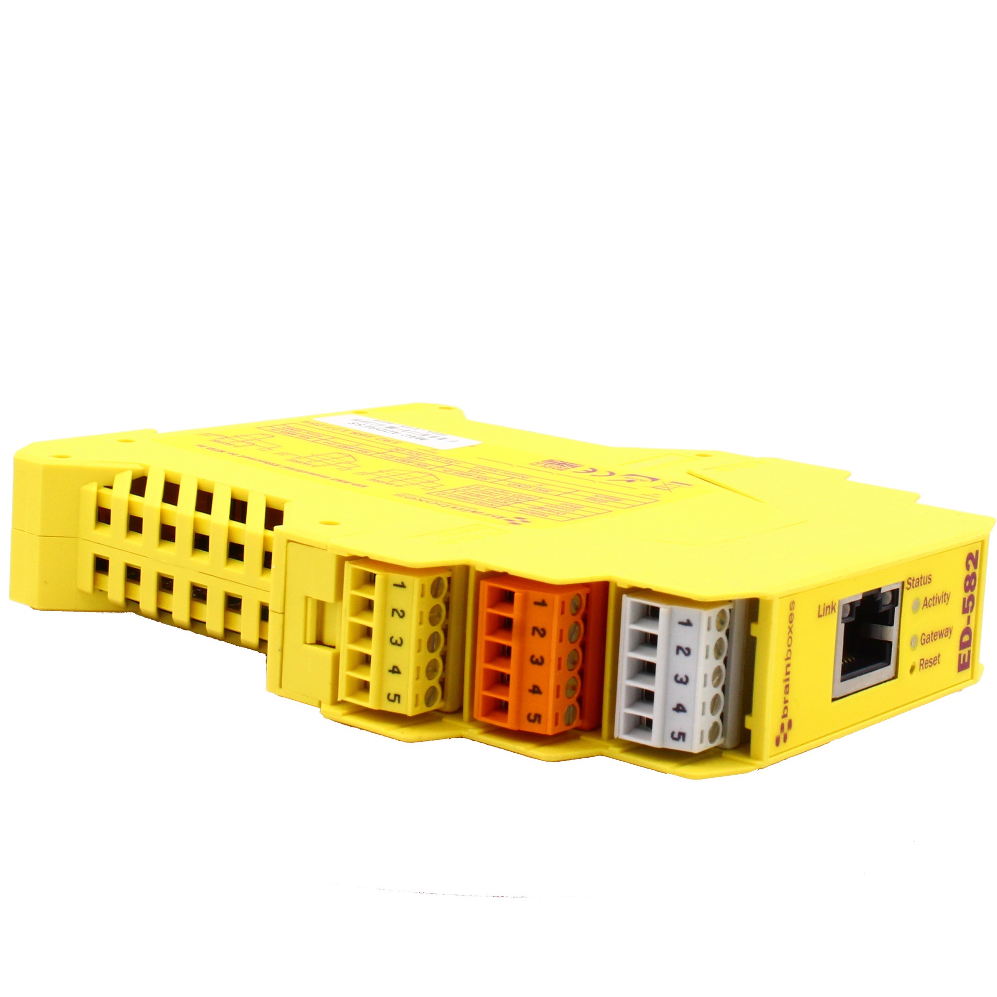 Brainboxes ED-582 industrial temperature input device showing removable terminal blocks and ethernet port