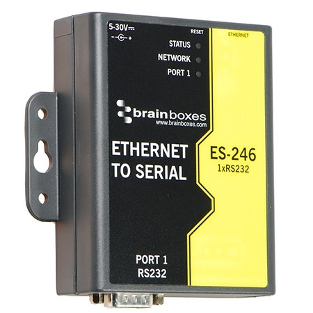 Brainboxes ES-246 ethernet to serial device server showing mounting bracket and rs232 port