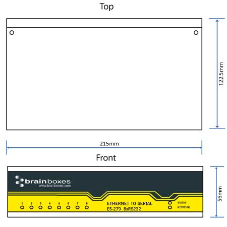 Brainboxes ES-279 technical drawing showing enclosure dimensions and measurements