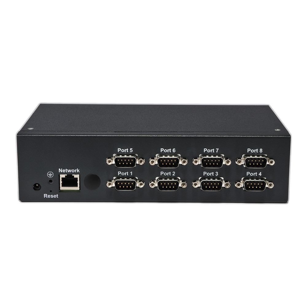Brainboxes ES-279 8 port serial device server showing ethernet connection and db9 serial ports