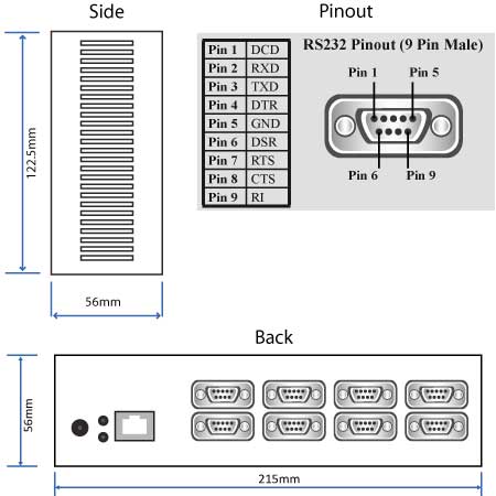 Brainboxes ES-279 technical drawing showing device dimensions and rs232 pinout configuration