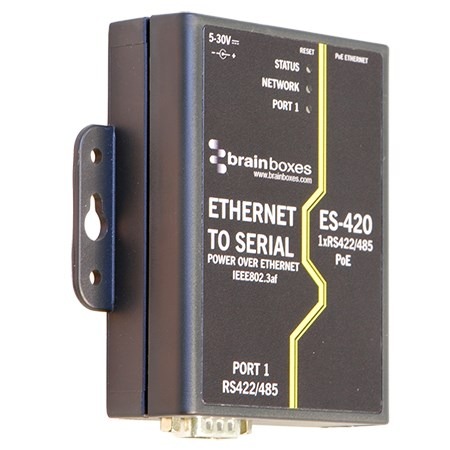 Brainboxes ES-420 industrial ethernet to serial converter showing ethernet port and serial connection