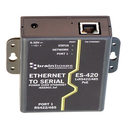 Brainboxes ES-420 industrial ethernet to serial converter with mounting brackets and network port