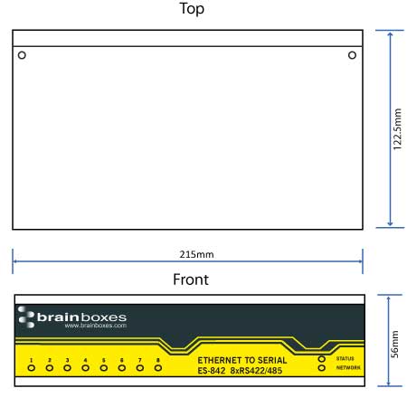 Brainboxes ES-842 technical drawing showing case dimensions and front panel layout