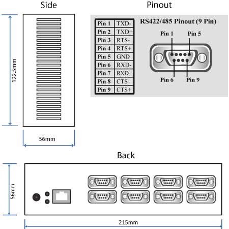 Brainboxes ES-842 technical drawing showing device dimensions and rs422485 serial port pinout configuration