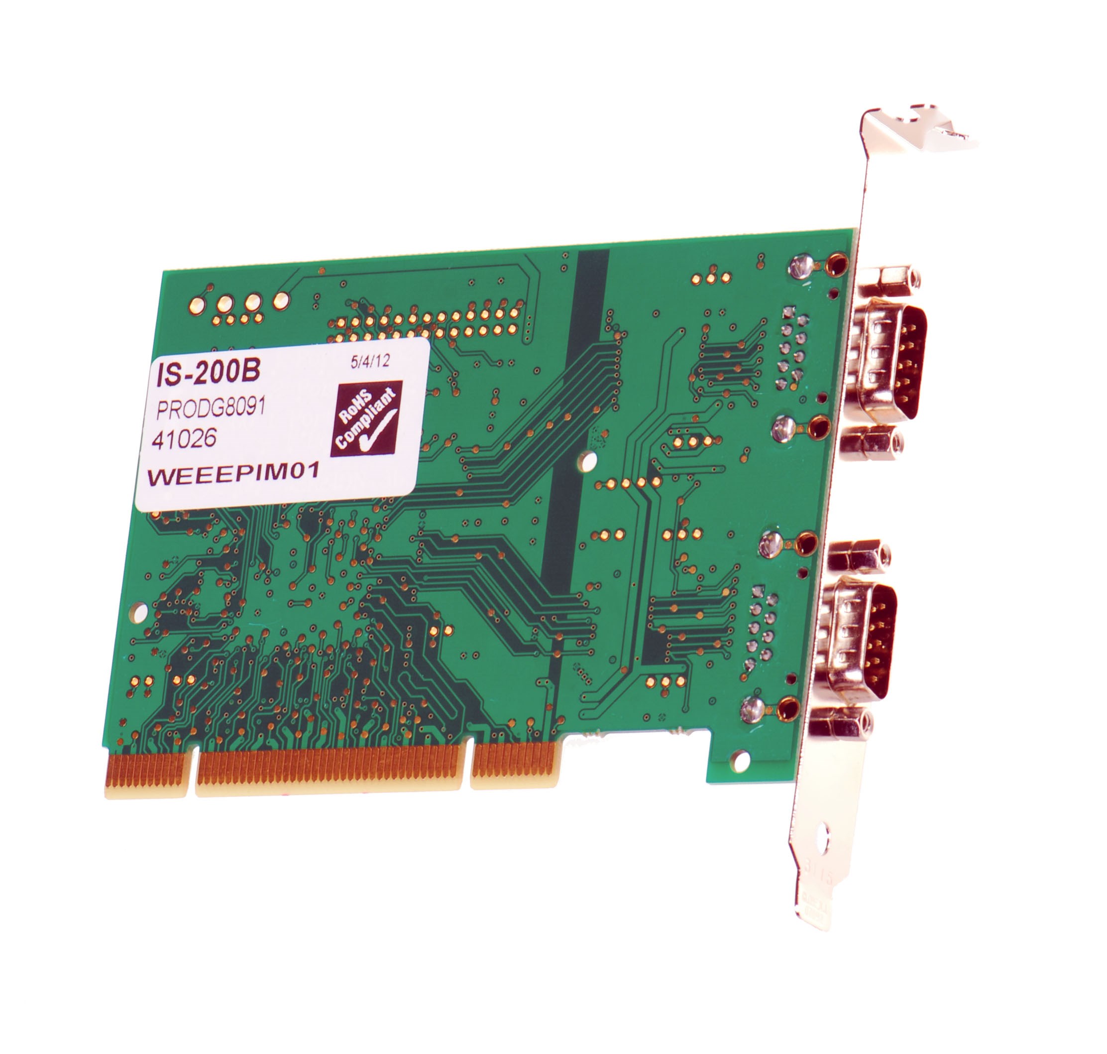 Brainboxes IS-200 pci expansion card back panel showing dual serial port connectors