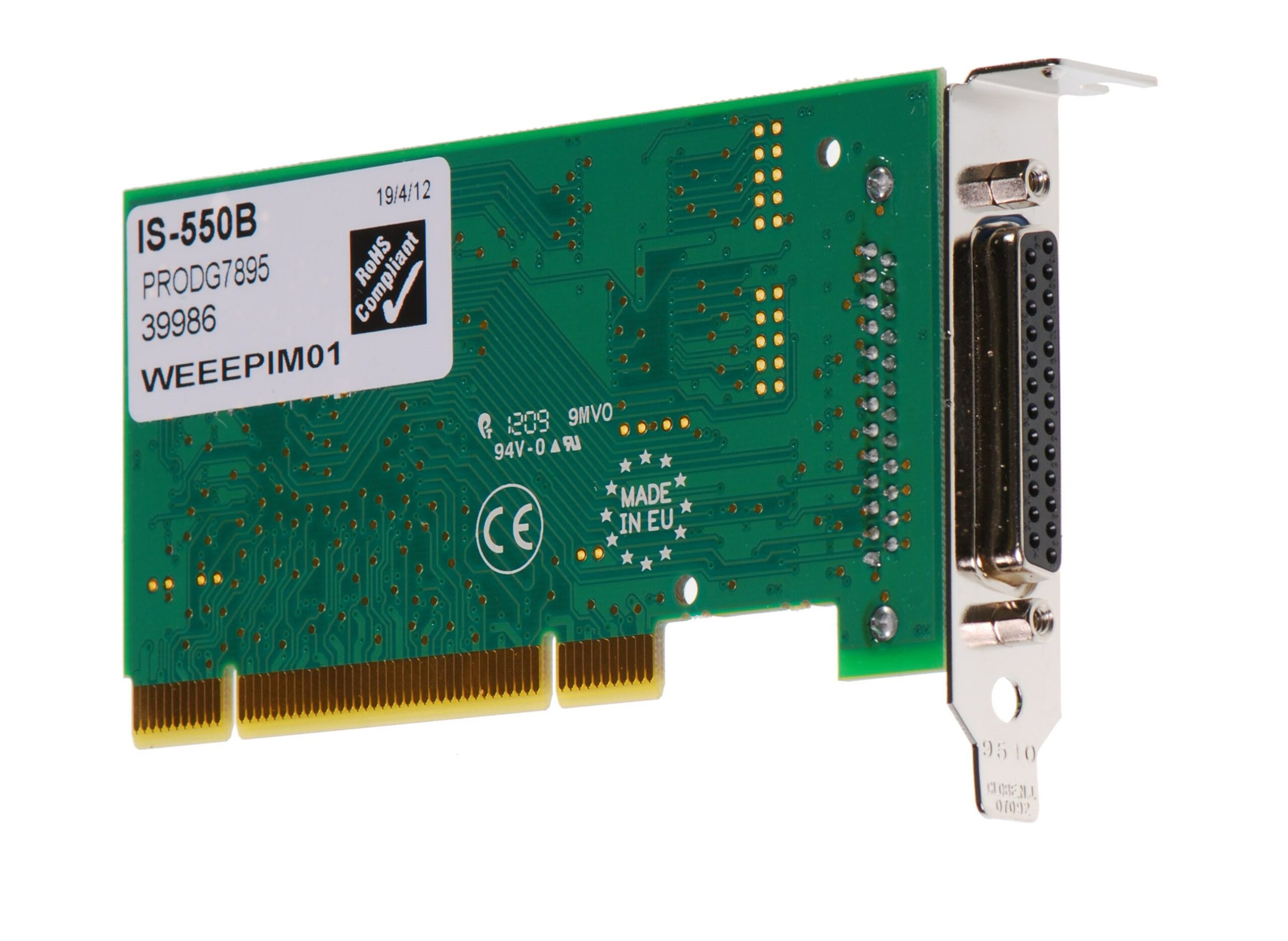 Brainboxes IS-550 pci card rear view showing db25 connector and ce certification markings