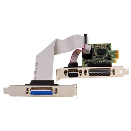Brainboxes PX-306 pcie expansion card with serial and parallel port cables connected